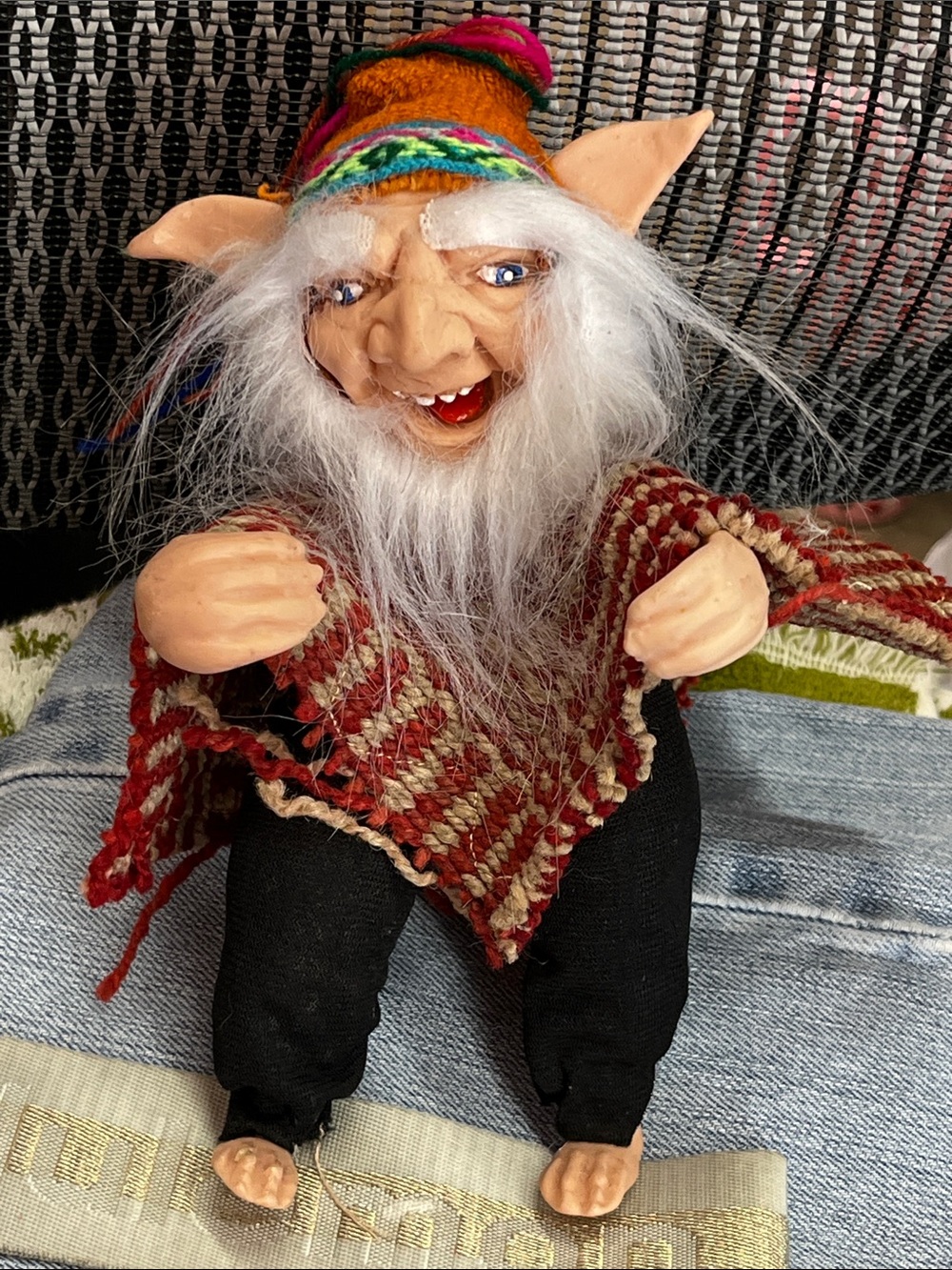 Hand Crafted Red & Cream Folk Gnome with Colorful Knit Hat